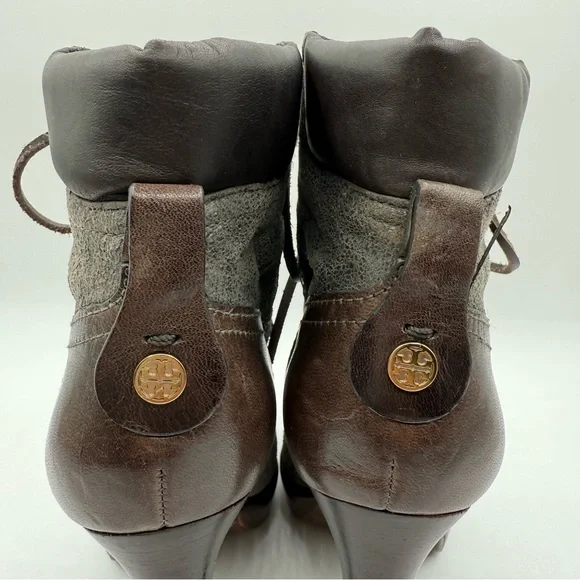 Tory Burch Lawson Bootie Pewter Brown Leather Platform Stiletto Ankle Boots 8.5 - Picture 9 of 17